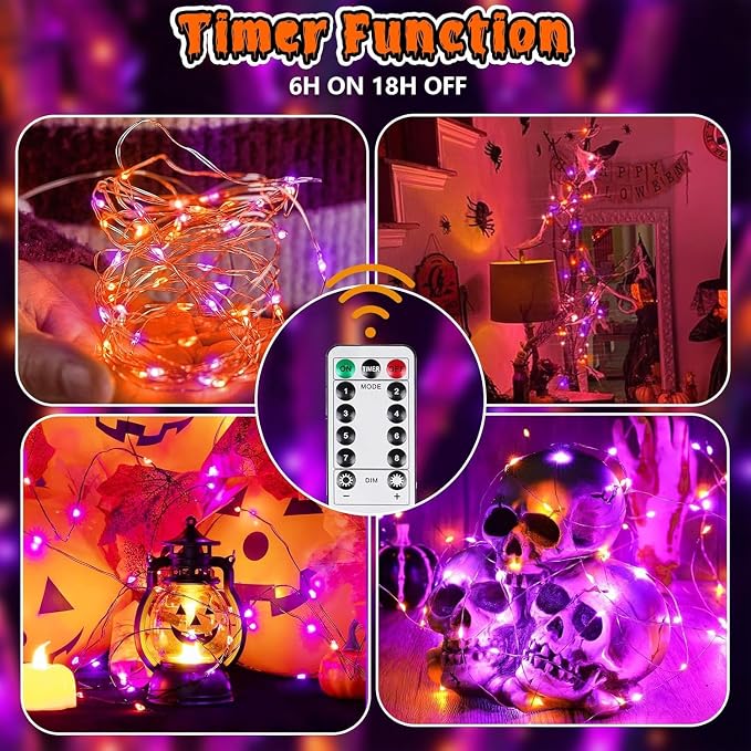 3PK Orange and Purple Halloween Fairy Lights Battery Operated with Remote | 8 Lighting Modes, Remote Control, Timer & Dimmable, Total 78FT 240LED Twinkle Lights for Outdoor Indoor Halloween Home Decor
