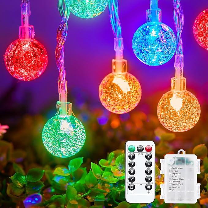 Minetom 33ft Crystal Globe String Lights Battery Operated, Multicolor | 60 LED Globe Fairy Lights with Remote and 8 Modes, Lovely for Bedroom Tent Loft Camping Porch Patio Party Decor