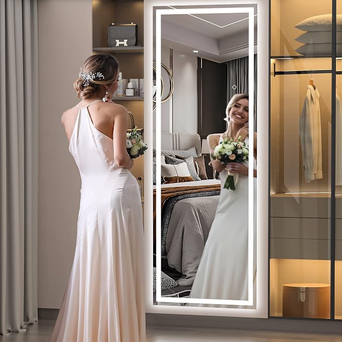 Hasipu Full Length Mirror with Lights, 67" x 22" LED Lighted Floor Standing, Full Body Dressing Hanging Mounted Mirror, Tempered Glass, Square White