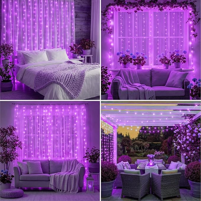 Curtain String Light, 200LED 6.6x6.6ft, Remote & 8 Modes, USB | Window Wall Hanging String Lights, For Bedroom, Wedding, Party, Home, Garden and Indoor Decorations, Purple