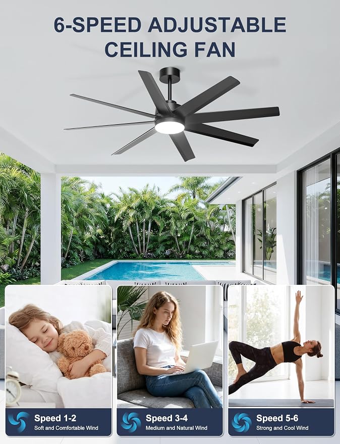 Ohniyou 60" Black Ceiling Fan with Light for Patio, Porch, Living Room | Remote/App Control, Quiet DC Motor, 3CCT Dimming, Modern Covered Outdoor Fan with 8 ABS Blades