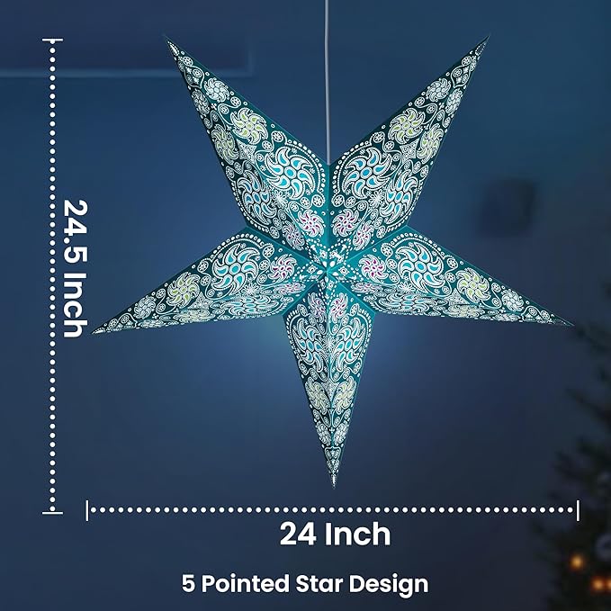 GalaxyArts Paper Star Lantern, 24 Inch Chakra Turquoise 3D Light-Up Hanging Lamp, Handcrafted Hollow Out Star Decoration for Christmas, Wedding, Parties, Birthday, Indoor Outdoor Home Décor (Medium)