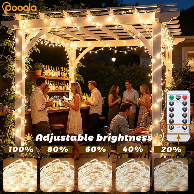 Rope Lights Outdoor, 2 x 100LED Warm White Battery String Lights | Rope Lights Outdoor with 8 Modes Remote&Timer, Waterproof Battery Operated Camping Lights for Car Trampoline