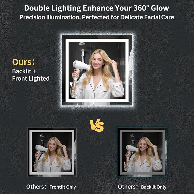 32"x32" LED Bathroom Mirror with Lights, Anti-Fog, Backlit+Frontlit | CRI 95, Stepless Dimmable, 3 Colors Lighting, Shatterproof Tempered Glass, HD Reflection, Memory, (Horizontal/Vertical)