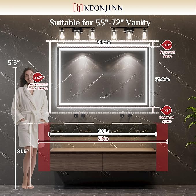 Keonjinn 55 x 36 Inch Lighted Mirrors for Bathroom Wall with Bluetooth Speaker, Frontlit & Backlit LED Bathroom Mirror, Bluetooth Mirror Bathrooms, Tempered Glass, Defogger, 3 Color Lights, Dimmable