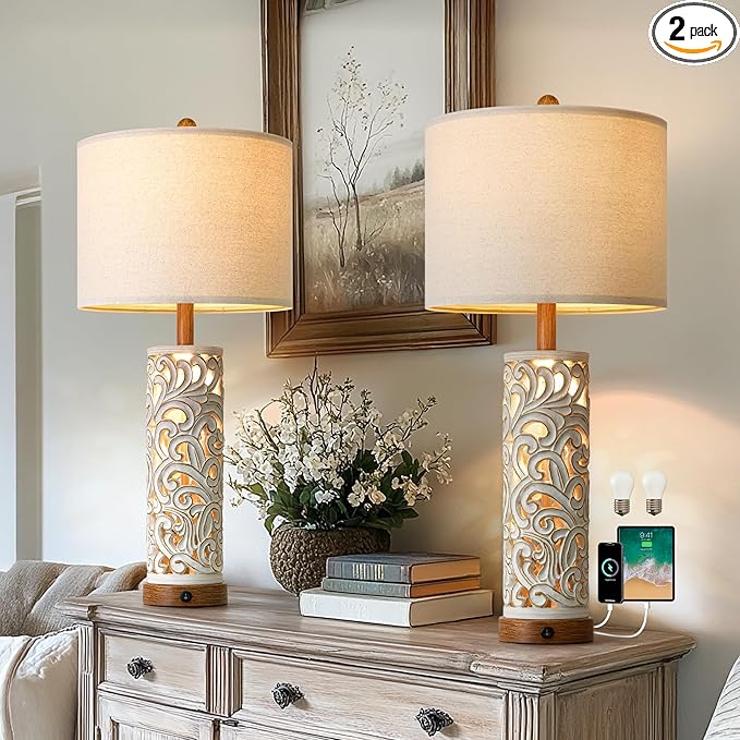 2-in-1 Light Table Lamp Set of 2 for Living Room, 28.5" Farmhouse Bedside Lamps with USB Charging Port, Main&Night Light & Dual Switches, Nightstand Lamp for Bedroom Home Office(Bulb Included)