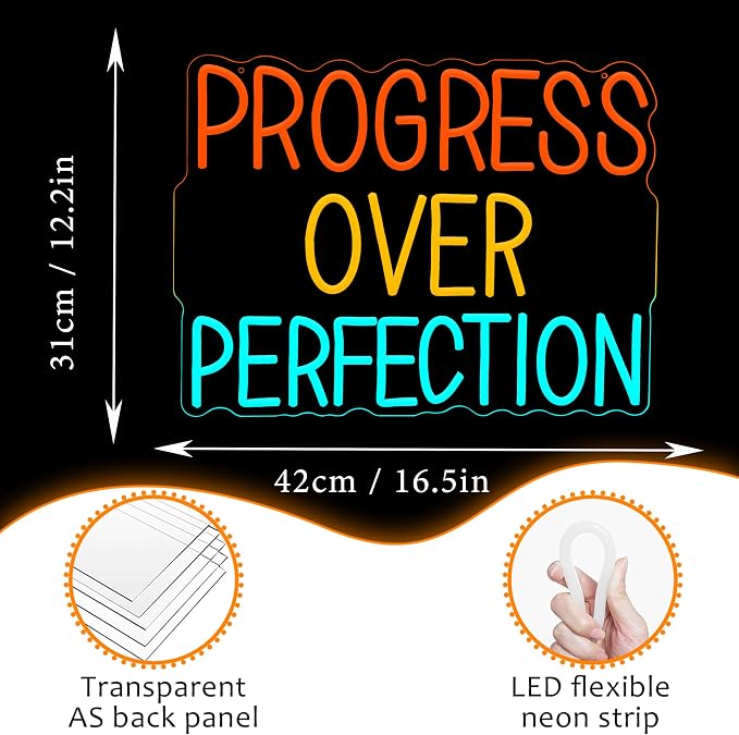LISIGNVE Progress Over Perfection Neon Sign for Wall Decor Dimmable USB Power Classroom LED Neon Light Positive Affirmation Light Up Sign for Home Office Gym Bedroom(12.2 * 16.5 In)