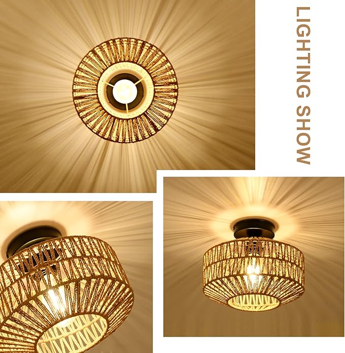 Boho Light Fixtures Ceiling Mount,Mini Rattan Chandelier Light Fixture with Dimmable LED Bulb,Hand Woven Ceiling Light Fixtures Flush Mount for Hallway Bedroom Kitchen Entryway Living Room