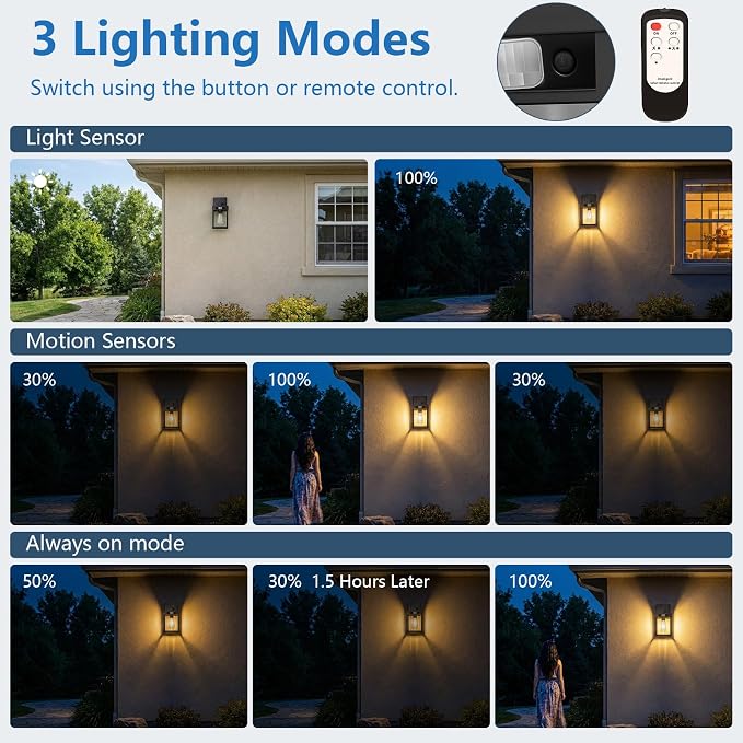Solar Wall Lanterns Outdoor with 3 Lighting Modes & Motion Sensor, 2 Pack | Dusk to Dawn Solar Wall Lantern Fixture, Waterproof, 4 Bulbs Included, Exterior Front Porch for Garage Patio Yard Garden