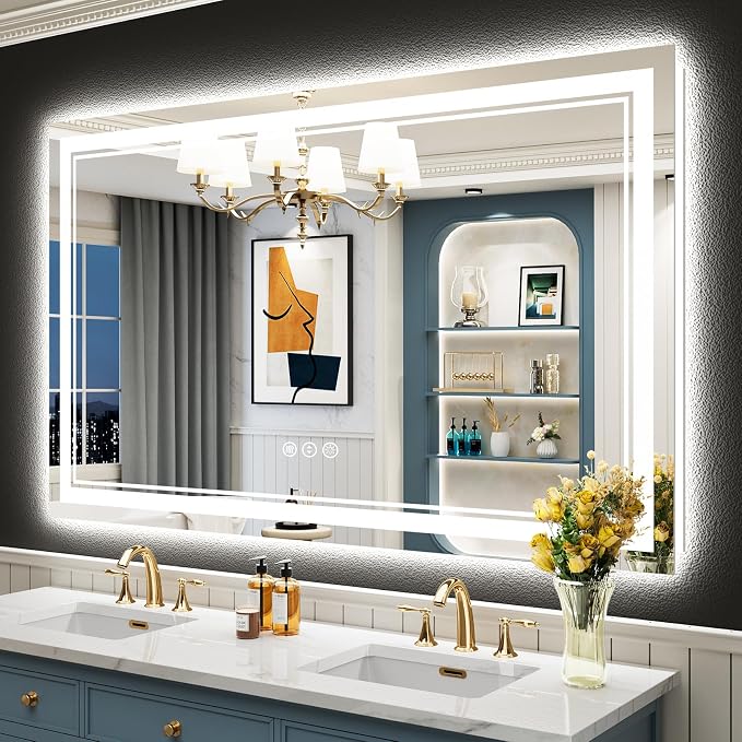 55x36 LED Bathroom Mirror, Backlit & Front Lit Lighted Mirror | Anti-Fog Vanity Mirror with Lights, 3 Color Dimmable, Memory, Shatterproof, Tempered Glass, CRI95, UL Listed, Wall Mounted