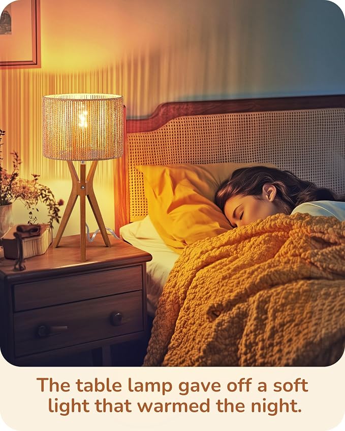 EDISHINE 17.5" Rattan Table Lamp, Handmade Paper Rope Woven Lampshade, E26 | Wood Bedside Lamp, ON-Off Switch, Triangular Wood Base, Modern Nightstand Lamp for Living Room, Bedroom, Office
