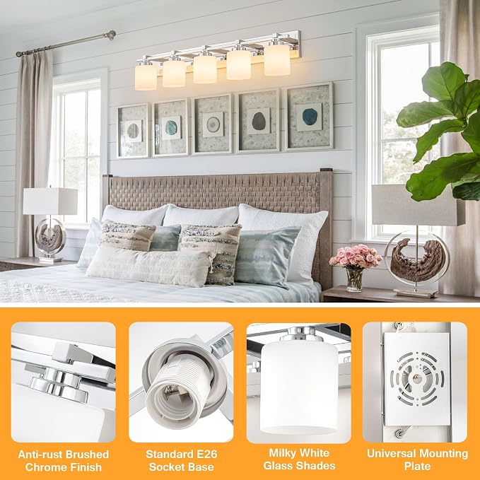 Modern Bathroom Light Fixtures Over Mirror, Vanity Lights for Bathroom Wall Sconces with Milky White Glass Shades, E26 Socket (Bulbs Not Included), 5 Light, Chrome