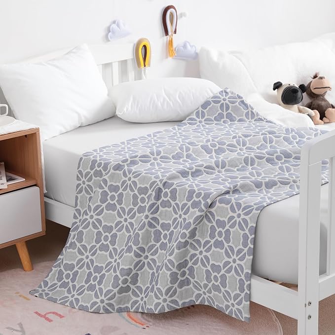 NTBAY 3 Layer Muslin Toddler Blanket, 30 x 40, Blue Clover | Breathable Muslin Cotton Outer Layers with Light Thermal Fill, Reversible for Stroller, Daycare, Travel, and Supervised Use
