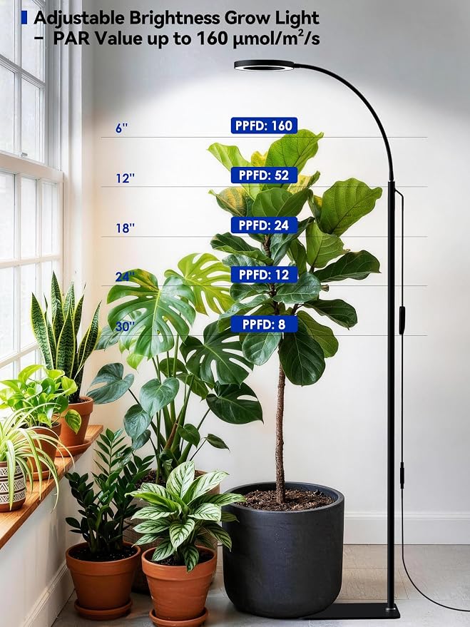 Grow Lights for Indoor Plants,LED Plant Light with Stand for Indoor Growing | 20W Full Spectrum Dimmable, 3 Light Modes, Adjustable Height Angle, 3/9/12H Timer, Black Single Head Floor Plant Growing Lamp