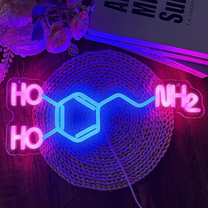 Dopamine Molecule Neon Sign Dimmable LED Light Up Wall Decor Science Chemistry Structure Art Aesthetic Happy Hormone Sign for Lab, Office, Classroom Graduation Christmas Gift(16.3 * 6.5in)