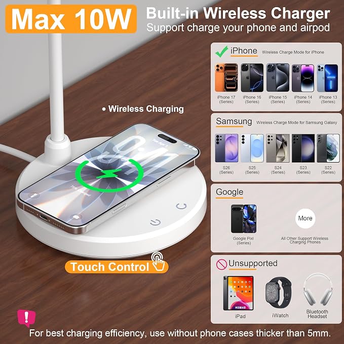 Desk Lamps for Home Office, Wireless Charger 800LM CRI95+ Desk Light, White | Eye-Caring Study Lamp with 3 Color Modes, Dimmable 0-100%, Flexible Neck for Bedside, College Dorm, Adapter Included