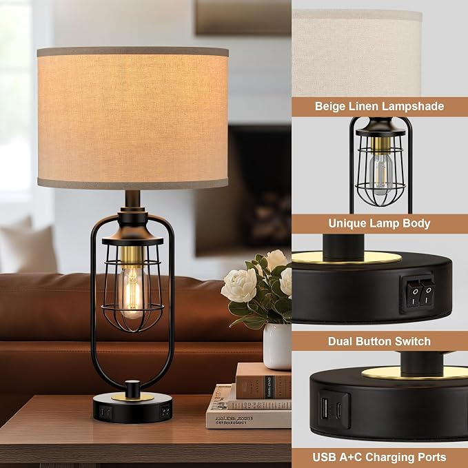 Table Lamps for Living Room Set of 2, Farmhouse Lamps for Night Stands, Industrial Bedside Lamps for Bedroom End Table with USB A+C, Bulbs Included