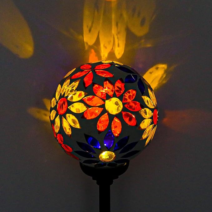 VCUTEKA Decorative Solar Garden Lights, 3.5" Mosaic Globe Outdoor Stake | Mosaic Glass Globe Design, Solar LED Light, Waterproof Design, Auto On/Off and Metal Stake Design for Lawn and Patio