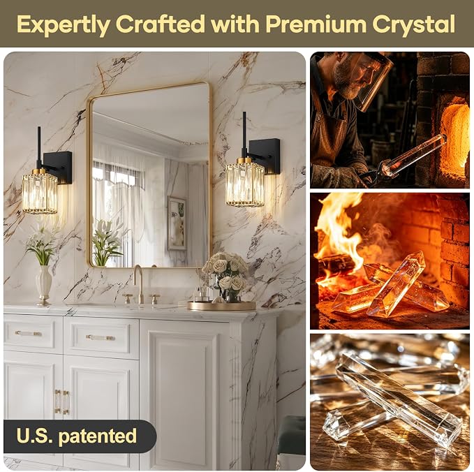 [Hardwired] Bathroom Wall Sconces Set of Two Bathroom Light Fixtures | Hardwired, Premium Crystal, Black and Gold Superior Durable Metal, Wall Lights for Living Room Bathroom Hallway Bedroom