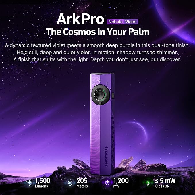 OLIGHT ArkPro EDC Flat Flashlight Rechargeable, Pocket Light, Nebula Violet | Green Beam, White LED, UV Flashlight, 1500 Lumens Flash Light, USB-C Magnetic, Camping Lights for Emergency Work Outdoor Home