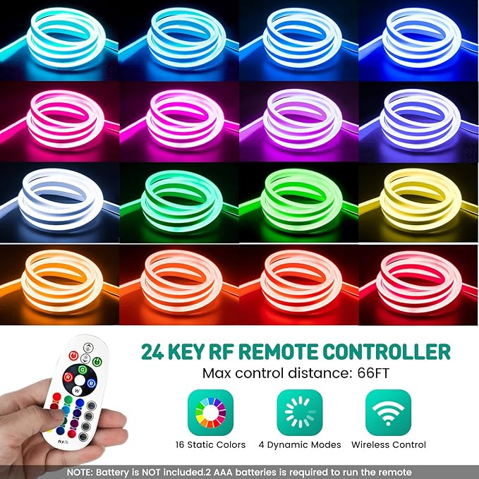 GZBtech RGB LED Neon Rope Lights 66FT/20M, AC 110-120V Waterproof Color Changing LED Rope with Remote Control, Dimmable Multi Color Strip Lighting for Indoor Outdoor Commercial Use, ETL Listed