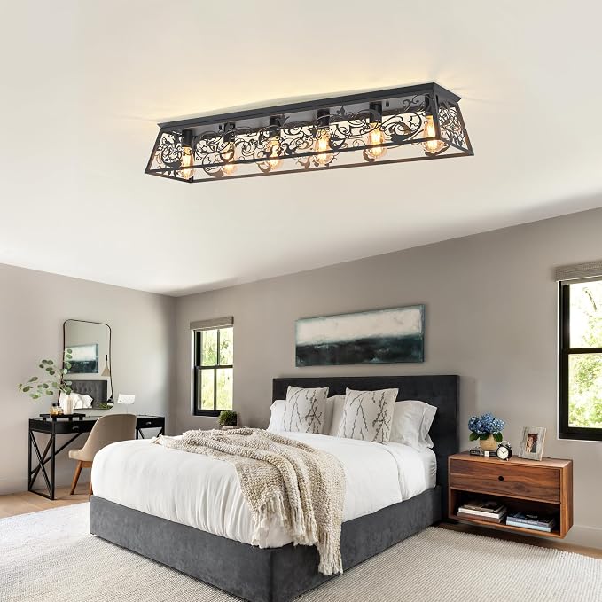 Garwarm 45 Inch Black Rectangular Chandelier, 6-Light Flush Mount Fixture | Farmhouse Kitchen Ceiling Light,Black Chandeliers for Dining Room,Kitchen Islands ,Living Rooms and Large Spaces