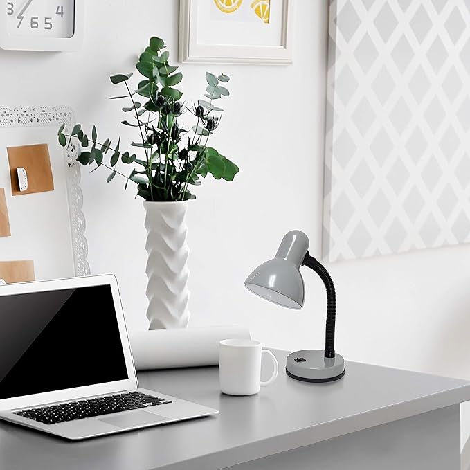 Simple Designs LD1003-SLV-LB 14.25" Basic Metal Desk Lamp with Flexible Hose Neck for Office, Living Room, Bedroom, College Dorm, Bookshelf, Silver, with Feit LED Bulb Included