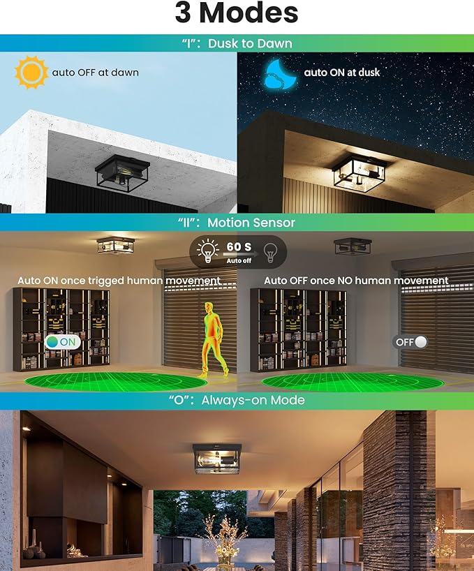 Outdoor Ceiling Light with Motion Sensor, Flush Mount Porch Light, Exterior Light Fixture with Clear Glass, Dusk to Dawn 2-Light Fixture for Patio,Porch (8.5 in)