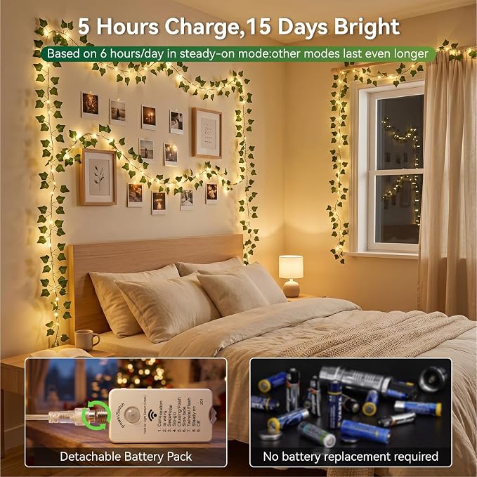 Ivy Vine Fairy Lights 2500mAh Rechargeable Battery, Warm White | 33FT 100LED with Remote Control, Timer & 8 Modes, Waterproof for Bedroom Dorm Wedding Party Christmas Indoor Outdoor Decor
