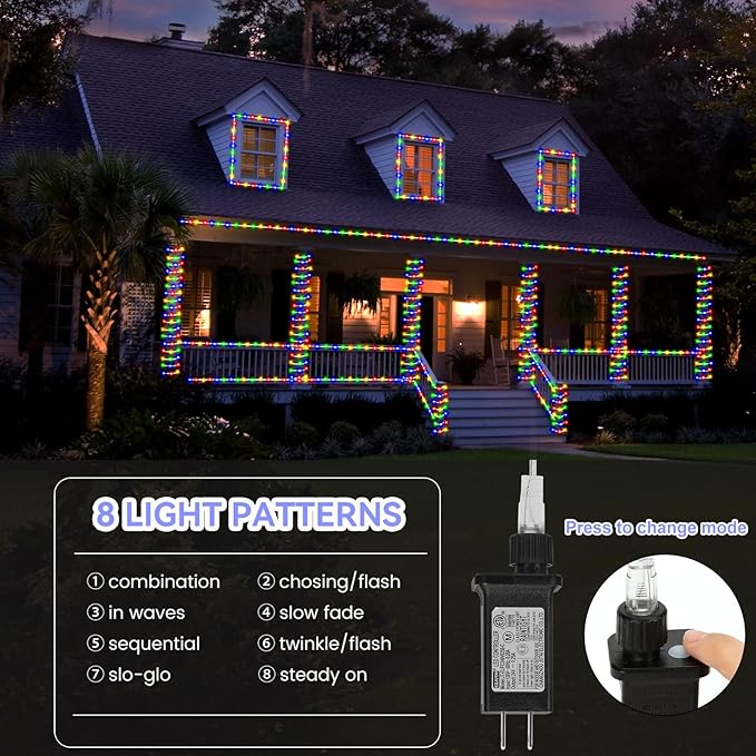 (New) Rope Lights Outdoor, 33FT 100LED 8 Modes with Plug, Waterproof Tube Lights, Twinkle String Lights for Garden Porch Home Yard Wedding Party New Year Christmas Decoration - Multicolored