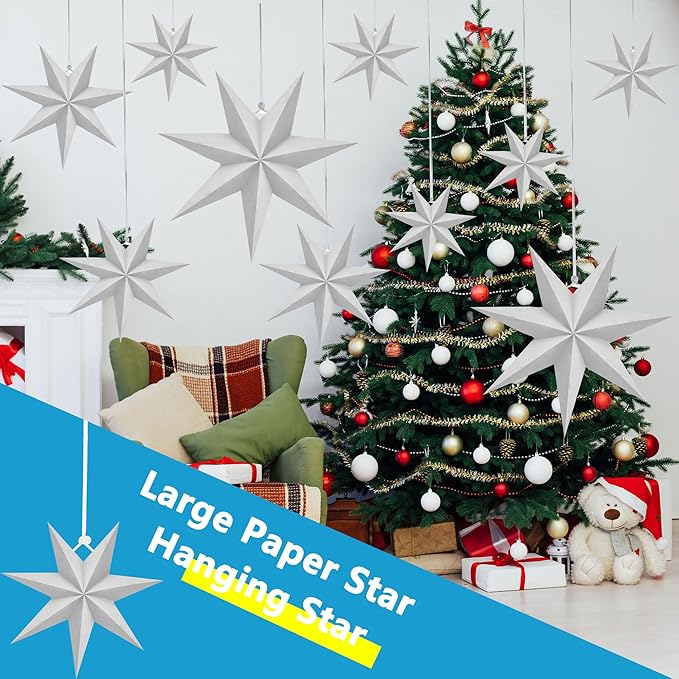 8 Pack 18 Inch/ 14 Inch/ 12 Inch/ 10 Inch 3D Paper Stars 7-Pointed White Hanging Paper Star Decorations for Christmas Holiday Wedding Birthday Party Room Decor, 4 Size
