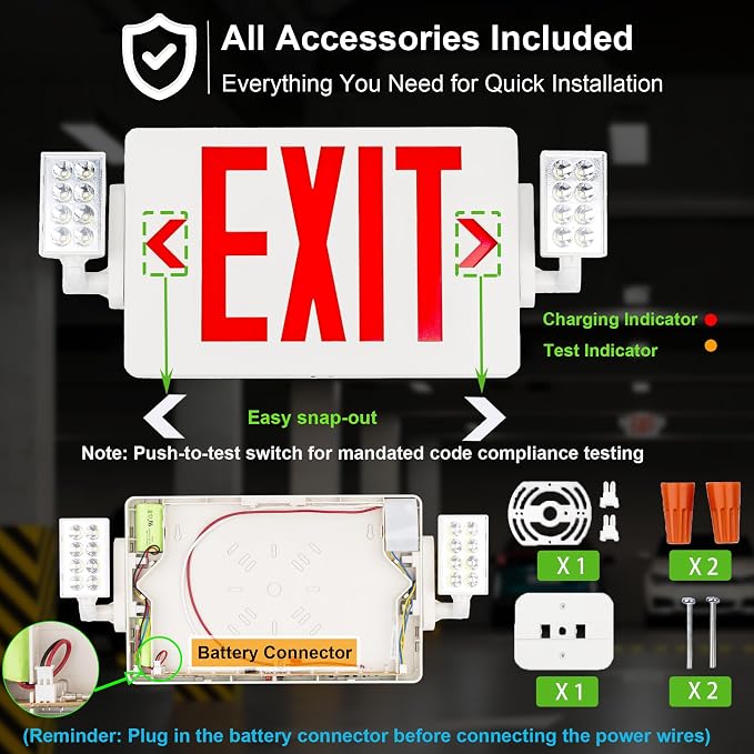 Gruenlich Exit Sign with Emergency Light, Double Face, Battery Backup | Hardwired LED Combo Exit Light for Bussiness, Two Bright and Adjustable Heads, Red, UL 924 and CEC, 120-277 Voltage, 6 Pack