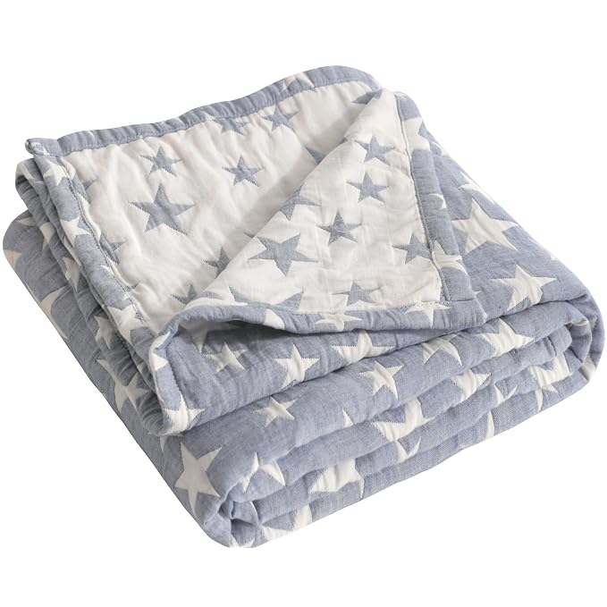 NTBAY 3 Layer Muslin Toddler Blanket, 30 x 40, Blue | Breathable Muslin Cotton Outer Layers with Light Thermal Fill, Reversible for Stroller, Daycare, Travel, and Supervised Use