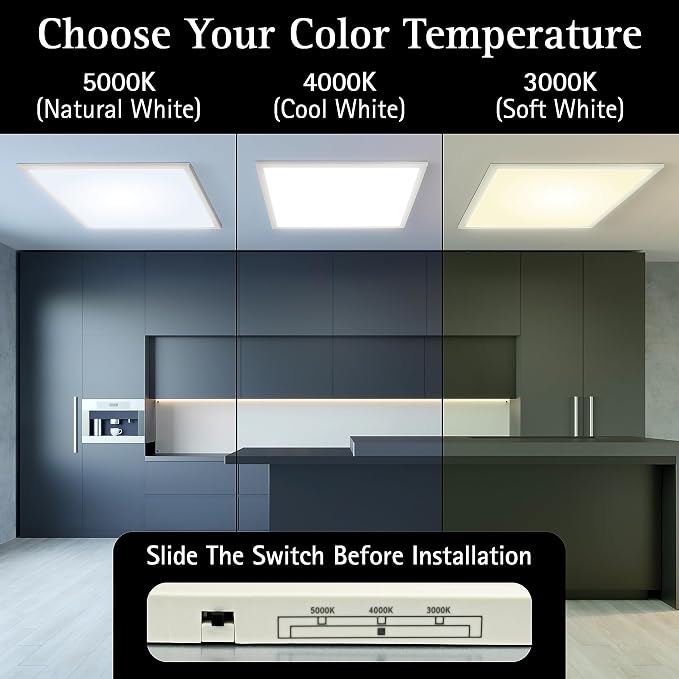 UltraLux 2x2 Surface Mount LED Panel TRIAC Dimmable 3CCT Matte White 2Pk | 3000 lumens, 120-degree beam, CRI>80, aluminum build, damp-rated, fits junction boxes, over 50,000 hours, 5-year warranty