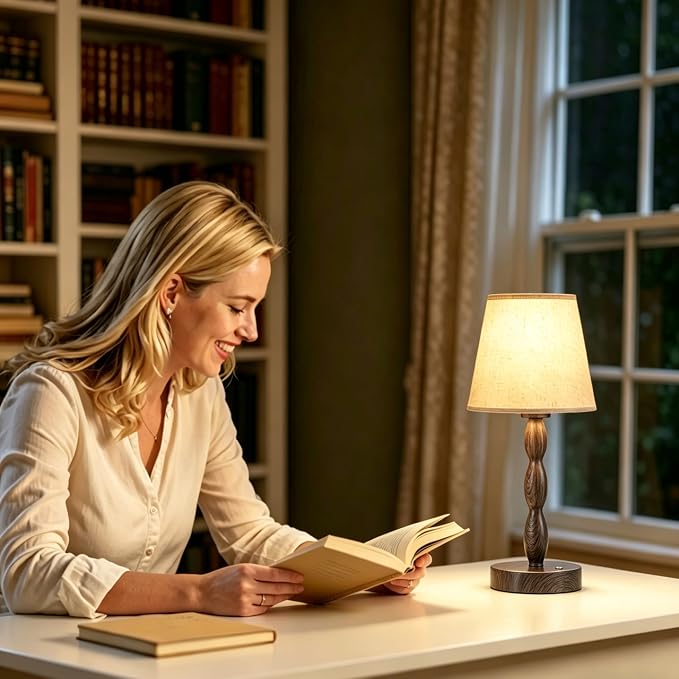 Rechargeable Cordless Table Lamp, 5000mAh Battery Powered Touch Desk Lamp, 3-Level & Stepless Dimmable Night Light, Portable Bedside Lamp for Bedroom, Outdoor, Bulb Included, Walnut Grain