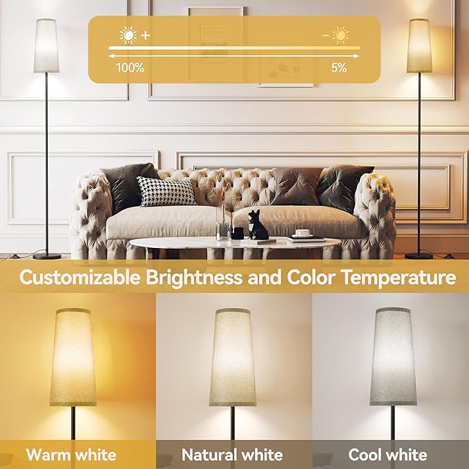 SUNMORY Floor Lamps for Living Room/Bedroom/Office, Standing Lamp with Remote Control, Dimmable Tall Lamp, Suitable for Modern/Boho/Farmhouse and Other Home Decor Styles, Black+Gray Lampshade