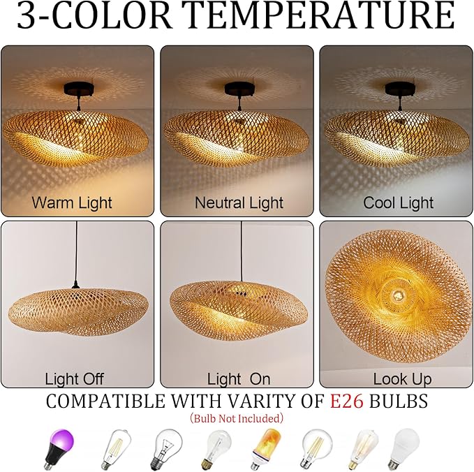 23.6" Bamboo Pendant Light,Rattan Chadelier | Hand Woven Bamboo Chandelier,23.6" Boho Wicker Hanging Light for Kitchen Island Dining Bedroom Living Room Restaurant