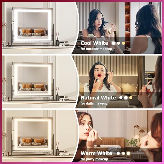 Hasipu Vanity Mirror with Lights, 24.2" x 19.7" LED Makeup Mirror, Light up Mirror with 10X Magnification, Smart Touch 3 Colors Dimmable, Brightness Adjustment, 360° Rotation (Right Angle Black)