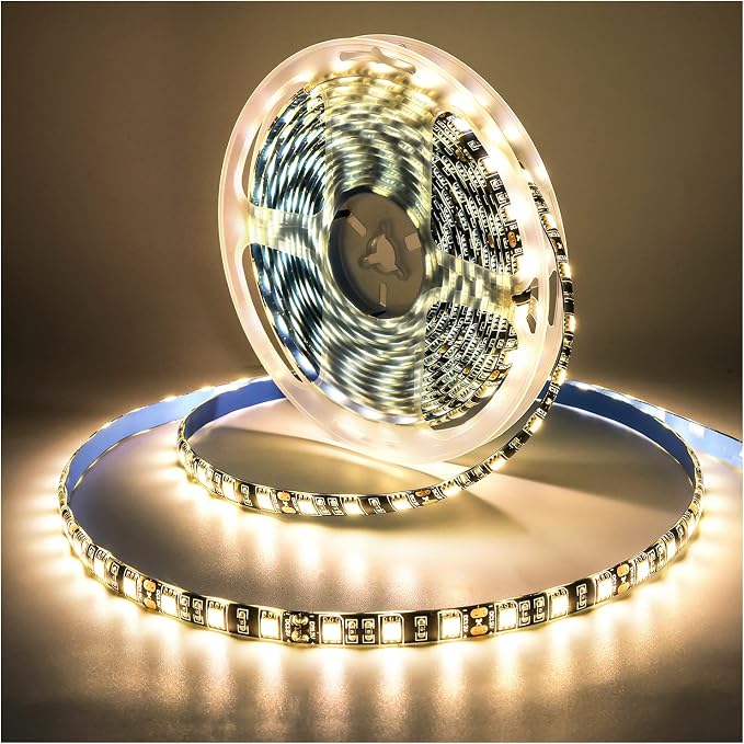 12V LED Strip Light, Warm White 3000K 16.4ft LED Light Strip Black PCB Board SMD 5050 IP65 Waterproof 300 LEDs LED Tape LED Rope Lights for Bedroom, Kitchen Decoration
