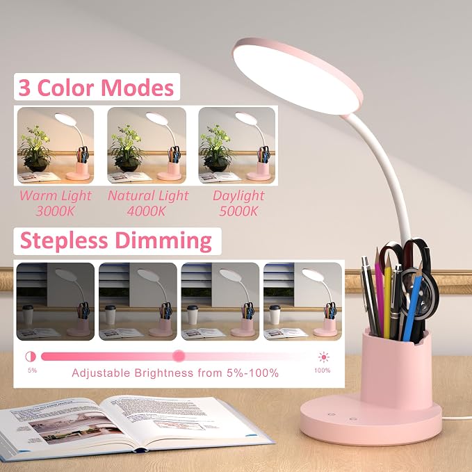 LED Desk Lamp for College Dorm with Pen Phone Holder, Pink | 3 Color Modes Dimmable Desk Light, College Dorm Essentials, 360° Adjustable Arm, Eye-caring Bedside Reading Lamp, 800 Lumen