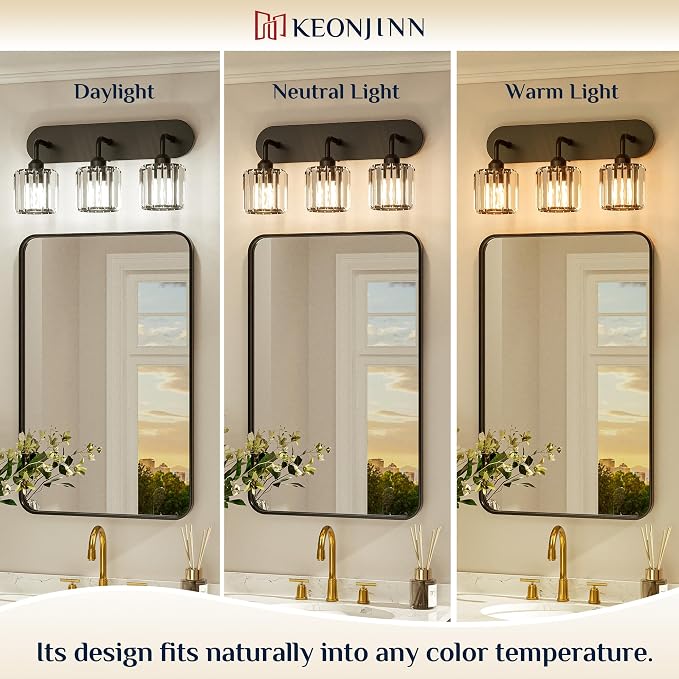 Keonjinn 3-Light Bathroom Light Fixtures Over Mirror, Crystal Black | Vanity Lighting Fixture with Crystal Square Shades, Dimmable, Modern Style, Compatible with E26 Base LED Bulbs (Exclude Bulb)