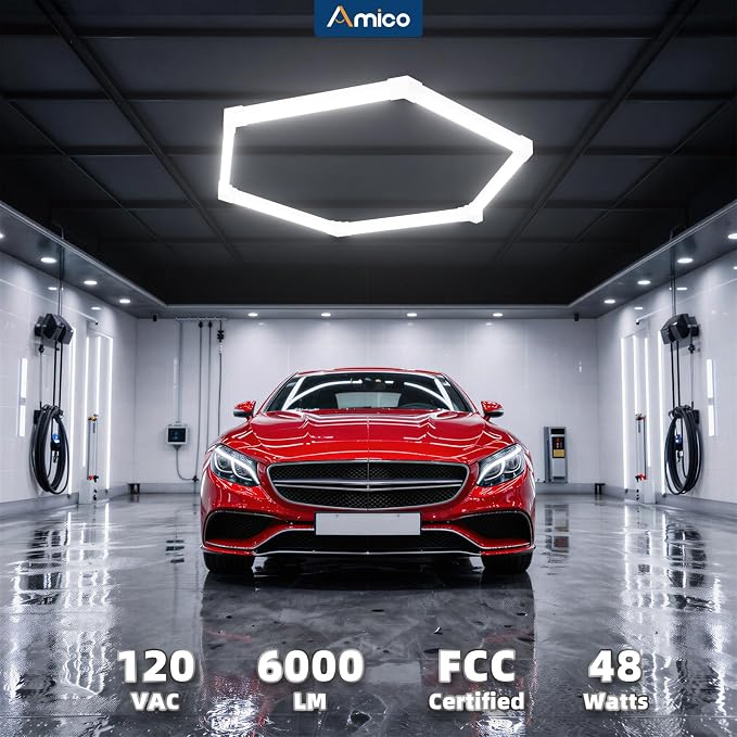 Amico Hexagon Garage Lights Dimmable & Tunable, 1 Hex Grid, Remote & Timer | 10-100% Stepless Dimming, 3500K-6500K Adjustable, 48W 6000LM Honeycomb LED Ceiling Lights for Garage Workshop Car Detailing