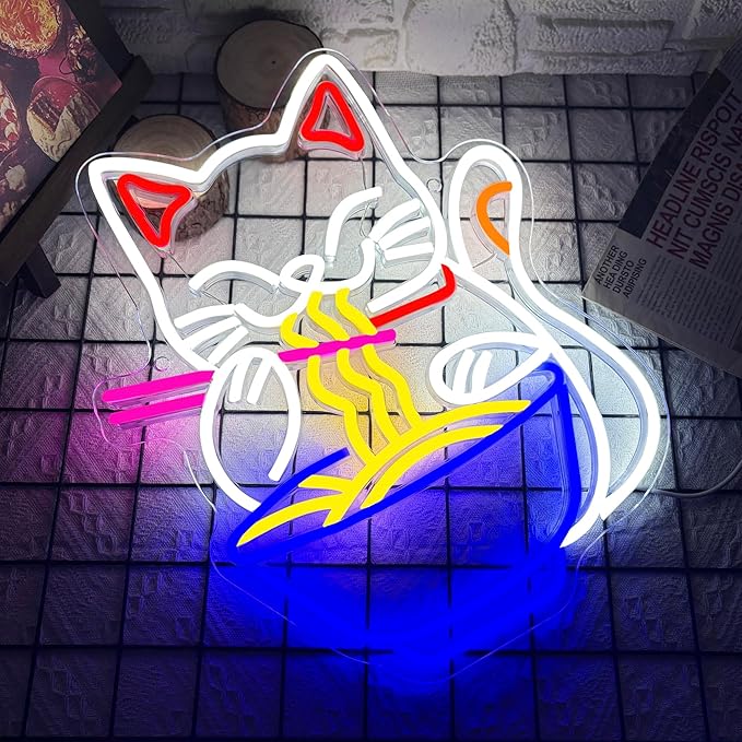 Fortune Cat Ramen Neon Sign, Dimmable Japanese Lucky Cat Noodle LED Neon Sign for Wall Decor, USB Powered for Restaurant Bar Party Bedroom Birthday Gifts(15.7 * 12.7in)