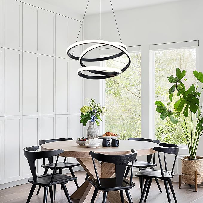 Mayful Modern Chandelier with Remote Control, 3-Color Dimmable LED Pendant Light Fixtures, Height Adjustable Kitchen Island Lighting for Dining Room,Bedroom,Living Room,Foyer,Office Black 19.7 inches