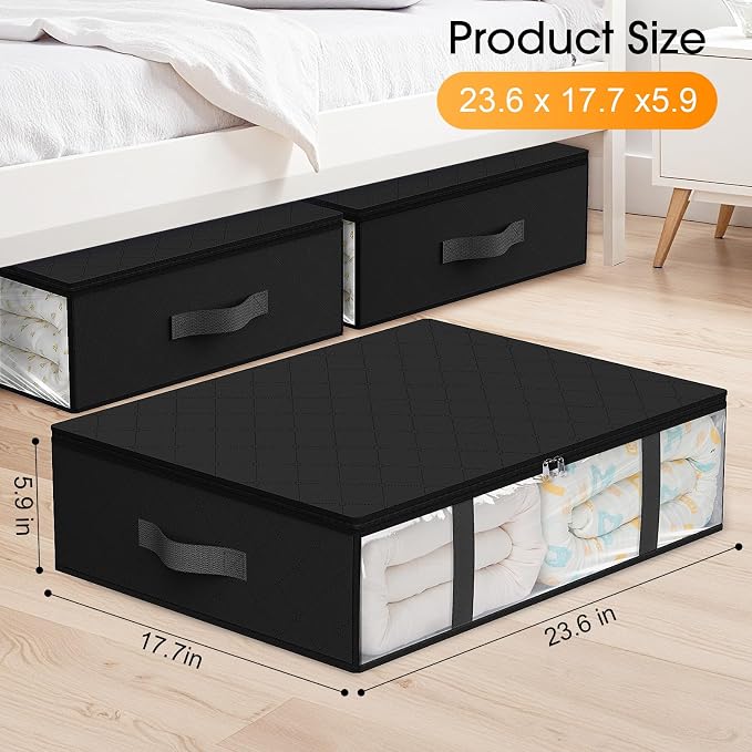 StorageRight Under Bed Storage Bags 4 Pack, 40L Large Clothes & Comforter Storage Containers with Clear Window, Breathable Fabric Organizer for Blankets, Bedding, Seasonal Clothing, Black