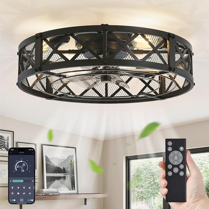 LEDIARY 23" Caged Farmhouse Ceiling Fan with Light, Flush Mount, Black | Remote&APP Control, Large Low Profile, Rustic Fandaliers, Industrial Bladeless Enclosed, Powerful Motor for Bedroom, Kitchen