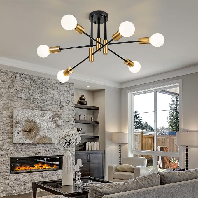 6-Light Modern Sputnik Chandeliers, Black Gold Semi Flush Mount Ceiling Light Fixture, Industrial Farmhouse Kitchen Lighting Fixtures Ceiling Mount for Living Room Bedroom