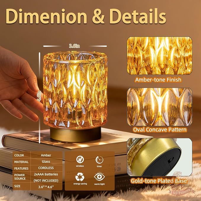 Battery Operated Table Lamp Timer, Small Cordless Lamps Decorative, 2 Amber | Mini Crystal Lamp for Area No Plug, LED Battery Powered Lamps Wireless, Glass Accent Light for Bathroom Fireplace Shelf Decor