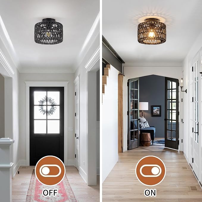 Rattan Ceiling Light, Black Flush Mount Ceiling Light, Boho Light Fixture for Bedroom Kitchen Hallway Entryway, 1 Light