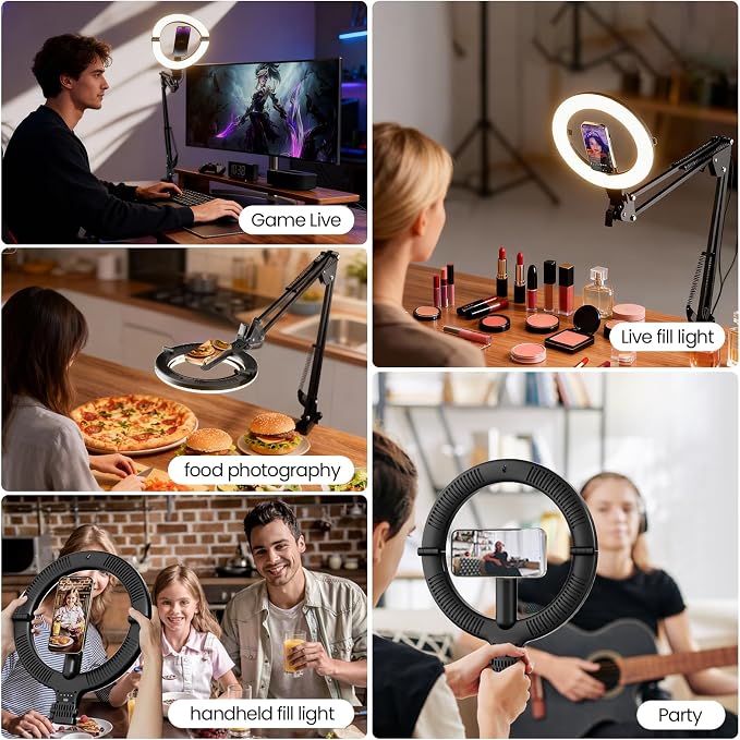 10" Magnetic Ring Light Overhead Camera Phone Mount, XINBAOHONG LED Selfie Light with Stand and Phone Holder, Rechargeable Desk Light for Video Recording
